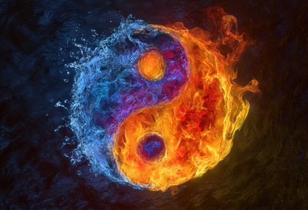 A vivid illustration showcases the Yin Yang symbol formed by swirling fire and water. The artwork presents a balance of red and orange flames with blue and white water elements. The overall composition is against a dark background suggesting a nighttime scene, suitable for symbolic and conceptual representations.の素材