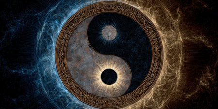 This image features the Yin Yang symbol, centered with swirling, colorful energy patterns surrounding it. The composition showcases contrasting light and dark elements. This artwork might be appropriate for illustrating concepts of duality, balance, harmony, or spiritualism and meditation in various commercial and editorial contexts.の素材
