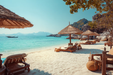 The image presents a tropical beach setting with sandy shores and turquoise water. Several straw umbrellas and lounge chairs are arranged, suggesting leisure and relaxation. The composition includes natural elements such as trees, mountains, and a blue sky, indicative of a daytime, outdoor environment. This scene could be used for travel, vacation, or relaxation-themed content.の素材