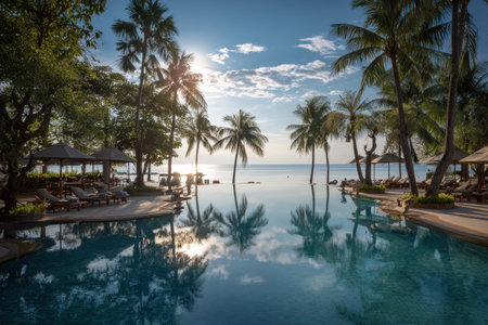 A reflective pool dominates the foreground, mirroring the clear sky and lush palm trees. The scene unfolds with vibrant colors, a balance of water, greenery, and sunlight. This composition could be suitable for travel, vacation, or tourism-related commercial projects, highlighting relaxation and natural beauty.の素材