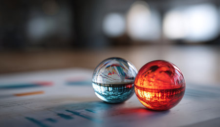 Two spherical objects sit on a patterned surface, one displaying blue hues and the other red. Their transparent surfaces reflect light, creating highlights. The composition features a shallow depth of field, suggesting a close-up shot. Potential uses include illustrative, design, and conceptual projects related to abstract ideas.の素材
