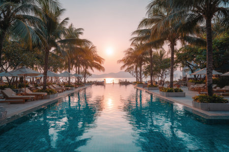 A serene image captures a swimming pool with clear water reflecting a sunset. Palm trees line the pool's edges, and the sky displays warm colors. The composition suggests a resort or tropical setting, possibly for leisure or relaxation themes. Ideal for illustrating vacations, travel, and lifestyle concepts.の素材
