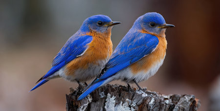 Two bluebirds with striking blue and orange plumage are the focal point of this image. The birds are perched on a weathered wooden surface, contrasted against a softly blurred background. The composition highlights the birds' bright colors under natural lighting, suitable for various nature-themed projects.の素材