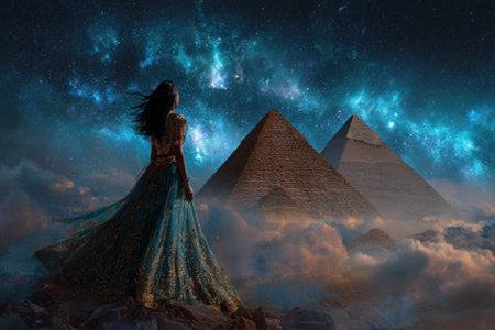 A woman in a flowing dress stands, looking toward majestic pyramids. The image displays a blend of warm and cool tones, with the pyramids bathed in soft light and the sky swirling with celestial elements. This surreal scene conveys a sense of wonder and mystery, suitable for imaginative concepts.の素材