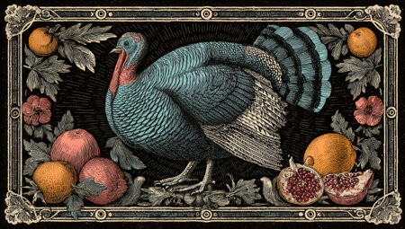 This vintage illustration features a colorful turkey amidst an arrangement of fruits and foliage. The artwork displays detailed textures and shading with a decorative frame. The composition utilizes rich colors, suggesting a classic style. It may be suitable for various commercial and editorial applications. The image is likely to be used for decoration and for design.の素材
