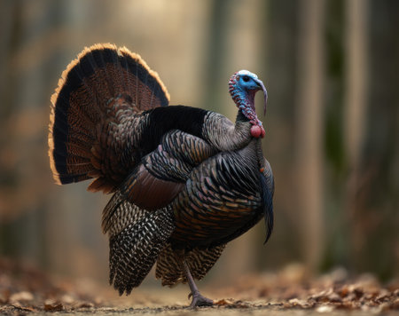 A wild turkey stands proudly in a forest setting, showcasing its plumage. The bird displays brown, black, and blue hues. The composition employs shallow depth of field, suggesting a natural environment. This image could be used for editorial content and nature-related advertising.の素材