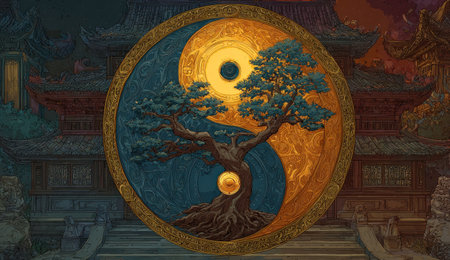An illustration showcases a stylized Yin Yang symbol featuring a tree at the center. The composition displays a balanced color scheme of blue, orange, and gold, with detailed textures and artistic style. The image may be suitable for designs related to spirituality, harmony, and concept presentations.の素材