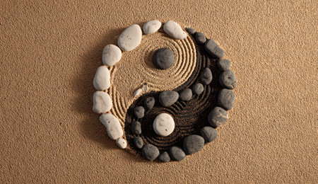 A Yin Yang symbol, crafted from light and dark stones, sits on a textured beige background. The design features a spiral pattern within each side, adding visual depth. The image's composition appears balanced, with soft lighting, suggesting a serene and contemplative atmosphere. Suitable for illustrating concepts of balance, harmony, and well-being in various visual projects.の素材