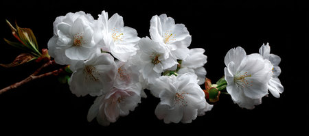 A close-up view presents delicate white cherry blossoms gracefully arranged on a branch. The flowers exhibit a soft texture with subtle pinkish hues. The composition is set against a dark background, enhancing the blossoms' bright colors. This image might be used for various purposes like floral designs.の素材