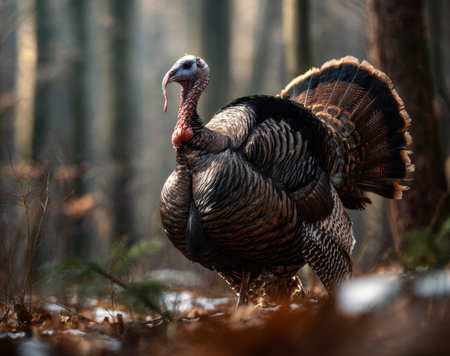 A wild turkey is featured in this image, showcasing a detailed study of its plumage and posture. The scene is set in a natural forest environment, with warm tones and a blurred background. The lighting creates a soft, natural ambiance. This image is suitable for use in various editorial and commercial applications.の素材