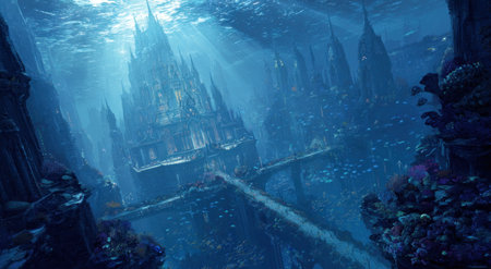 An underwater cityscape is depicted, featuring a large complex of towers and structures. The scene showcases detailed architecture, illuminated by beams of light. The water has a blue color and there are visible elements of marine life. Suitable for fantasy, artistic, and conceptual projects needing atmospheric visuals.の素材