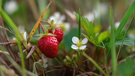 This image features ripe red strawberries growing amongst green grass and foliage. A small white flower with a yellow center is also visible. The composition is likely outdoors, possibly on a sunny day, with a shallow depth of field. Suitable for various editorial and commercial projects.の素材