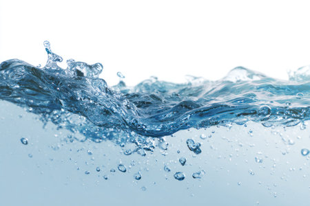 A close-up depicts water in dynamic motion, showcasing ripples and splashes. The image highlights various shades of blue, with textures suggesting fluidity and transparency. The composition, with its fluid forms against a white backdrop, is suitable for various design projects, including those focused on environmental themes.の素材