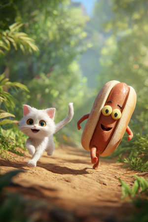 A playful illustration depicts a white cat and a hot dog character racing on a path. The scene uses vibrant colors and soft textures, with sunlight filtering through a blurred background of foliage. This whimsical image could be suitable for various commercial applications, including children's content or advertising.の素材