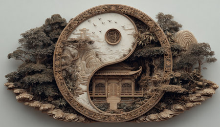 This artwork depicts the Yin Yang symbol as a carved relief. It features a detailed landscape with trees, mountains, and a temple within the circular shape. The piece uses natural tones and textures, suggesting a wood or stone medium. This image could be suitable for various editorial or decorative purposes.の素材