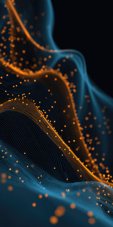 This abstract artwork showcases fluid lines and a network of illuminated particles. The composition features contrasting colors of blue and orange against a dark backdrop. Suitable for applications involving technology, data analysis, and conceptual designs. It could be used for various editorial and commercial purposes.の素材