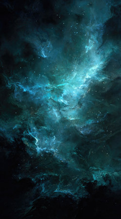 This abstract artwork showcases a mesmerizing display of swirling nebulas, painted in shades of teal and blue against a black background. The composition suggests a sense of depth and cosmic wonder. This imagery may be suitable for creative projects, design elements, and various commercial or editorial uses.の素材