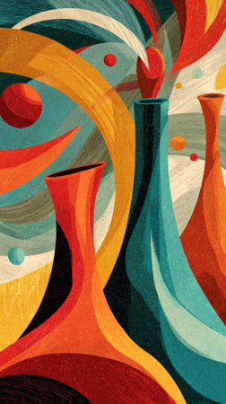This abstract artwork showcases a composition of stylized vases in vivid hues. The piece uses bold colors such as teal, orange, and yellow with flowing lines that create a sense of movement. The artwork is likely ideal for decorative prints, editorial content, or design applications.の素材