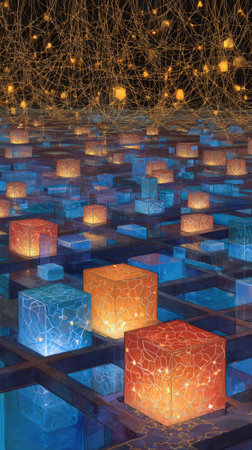 An abstract composition features glowing cubes in shades of orange and blue. The scene is illuminated, suggesting an artificial lighting environment. The cubes are arranged in a grid-like pattern, with a network of lines overlaying the arrangement. Suitable for use in technology-related projects, editorial content, or creative design concepts.の素材