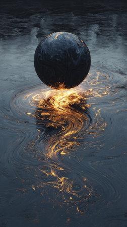 An artistic image depicts a dark sphere levitating over fluid with glowing, fiery patterns. The composition features a symmetrical reflection in the water, enhancing the ethereal atmosphere. The artwork, with its interplay of light and shadow, could be utilized in various commercial applications, including illustrations and conceptual designs.の素材