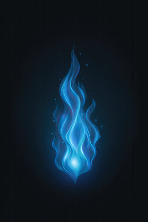 A digital illustration presents a stylized blue flame, emanating light against a deep black backdrop. The artwork showcases flowing lines and gradients, creating a dynamic visual effect. The composition is suitable for various applications, including website backgrounds and design elements, and it can be used for conceptual or decorative purposes.の素材