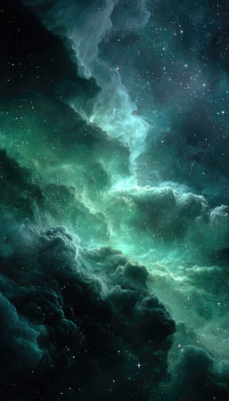 An ethereal artwork showcases a cosmic nebula with vibrant teal and deep blue hues. The image features swirling gas clouds illuminated by starlight, creating a textured and dynamic composition. The style is abstract and evokes a sense of vastness and mystery. Suitable for scientific, artistic, or educational applications.の素材