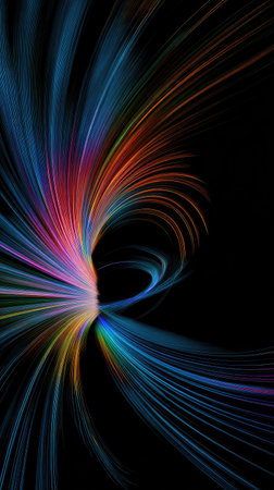 An abstract composition features dynamic light trails in a spectrum of colors set against a stark black backdrop. The image utilizes flowing lines to create a sense of movement and energy. Suitable for a variety of projects requiring a modern, visually striking element, from website backgrounds to marketing materials.の素材