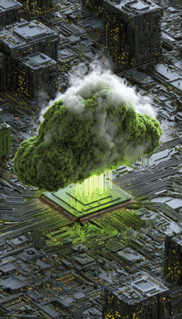 An artistic rendering depicts a cloud emerging from a central processing unit, surrounded by detailed circuitry. The image showcases green and gray tones with volumetric lighting. The composition suggests advanced technology and cloud infrastructure, potentially suitable for presentations or marketing materials.の素材