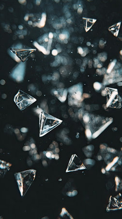 This image features numerous transparent glass shards suspended against a dark, blurred backdrop. The shards are various sizes and shapes, catching the light to create highlights and shadows. The composition's style is modern and abstract, possibly suitable for designs or conceptual visualizations. Potential uses include website backgrounds, decorative elements, and conceptual art.の素材