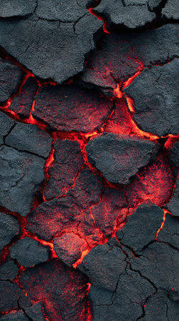 This image presents a close-up of a cracked, textured surface revealing a vibrant red glow beneath, suggesting heated material. The composition features a contrast between dark, broken segments and bright, fiery patterns. This could be used for various design projects, serving as an eye-catching background or a metaphor for energy and change.の素材