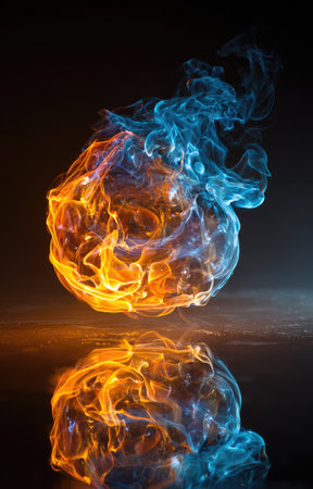 An abstract visual showcases a swirling cloud of fire and smoke in vibrant orange and blue hues. The composition suggests energy and movement, with a reflection mirroring the fiery form. The dark backdrop adds contrast, suitable for creative concepts and designs in various commercial applications.の素材
