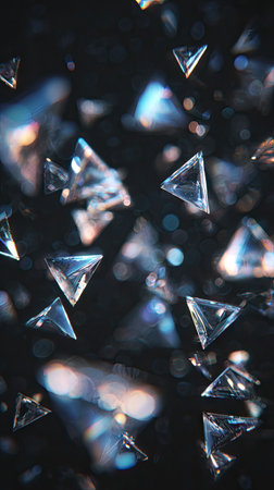 Numerous transparent triangular forms are depicted against a dark background, creating a sense of depth and movement. The composition features a shallow depth of field, with soft focus and bokeh effects. This artistic image can be suitable for various creative projects, including digital art and visual design.の素材