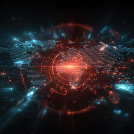 An abstract depiction showcases a world map illuminated with vibrant connections and data streams. Red and blue hues dominate the dark environment, creating a futuristic aesthetic. The composition features radial patterns and glowing elements, suggesting a technological or informational theme. Suitable for illustrating global networks or data-driven concepts.の素材