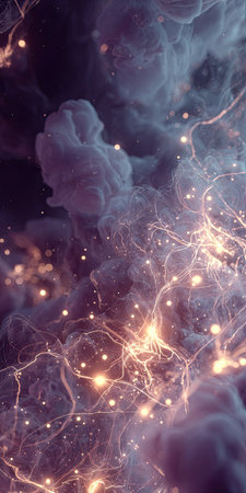 This abstract artwork features an ethereal composition with dynamic lines and forms. Soft, smoky clouds create depth, while glowing particles and lines add a sense of movement. The color palette includes purples, blues, and gold, suggesting a celestial or atmospheric setting. Suitable for various commercial and editorial applications.の素材