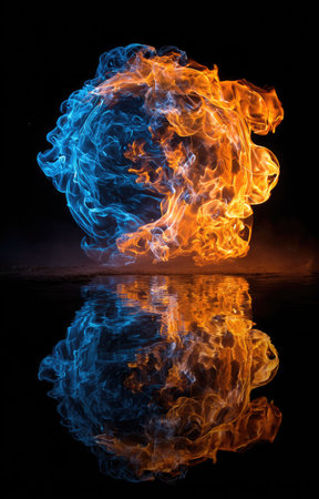 An artistic representation features a swirling fusion of blue and orange flames against a deep black backdrop. The image showcases the interplay of light and shadow, with a mirror-like reflection at the bottom. This visually striking composition could be suitable for various creative applications.の素材