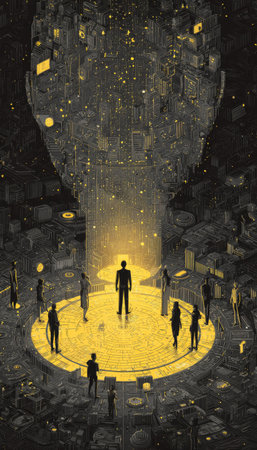 An artistic illustration presents a silhouette of a head filled with detailed structures, emitting a strong light onto a group of people. The composition uses a dark color palette contrasted with bright yellow, and a strong centralized light source. Suitable for conceptual designs related to technology and futuristic themes for various commercial applications.の素材