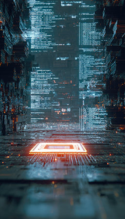 An abstract digital artwork depicts a futuristic cityscape with glowing elements. The composition features a central platform with data streams and vibrant light patterns. The style evokes a sense of technology and advanced systems. This image is suitable for various commercial purposes and can be utilized in digital media.の素材