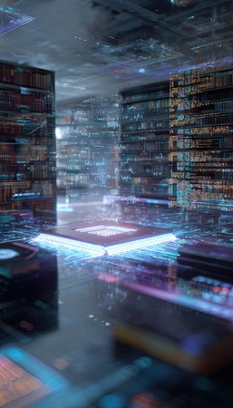 This image showcases a futuristic digital environment with a central processor. The composition features a complex arrangement of data streams and illuminated pathways. The visual style incorporates glowing light and reflections, suggesting a virtual landscape. Suitable for use in technology and innovation-related content, it could be used for illustrating digital concepts.の素材