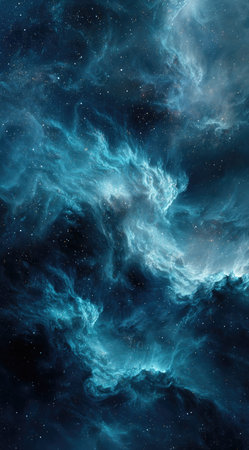 This image showcases a vibrant nebula composed of swirling blue and teal hues. The celestial scene features luminous clouds, suggesting depth and vastness. The composition and color palette lend itself to various commercial applications, including website backgrounds and print media. The artwork evokes a sense of wonder.の素材