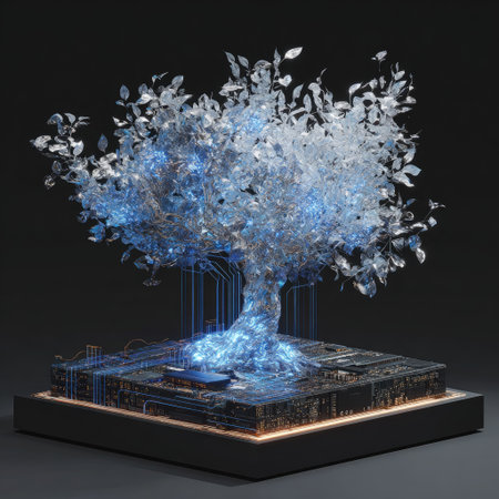 An artistic digital representation depicts a tree composed of crystalline structures, illuminated with a blue glow. The tree rests on a circuit board base, suggesting a blend of technology and nature. The composition features high contrast with a dark background. Suitable for conceptual applications in design or marketing materials.の素材