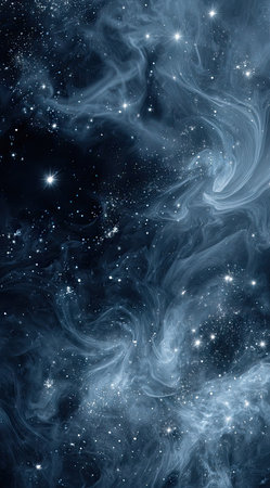 This image presents an abstract illustration of a cosmic nebula, featuring swirling gaseous formations and scattered stars. The artwork employs shades of blue and white, creating a sense of depth and ethereal beauty. The composition suggests a vast, dark space, ideal for use in various design projects and editorial content.の素材
