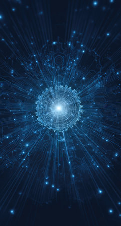 A digital image displays a central glowing sphere radiating light with connected points, creating a network effect. The dark blue background emphasizes the intricate pattern. Suitable for commercial projects. The graphic suggests a technical or scientific context, appropriate for various design applications.の素材