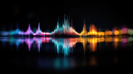 This image showcases a vibrant digital sound wave graphic against a dark backdrop. The composition features a symmetrical reflection of colorful peaks, suggesting audio frequencies. The piece uses vivid hues and light to create a dynamic visual experience. Suitable for illustrations related to music, technology, or design projects.の素材