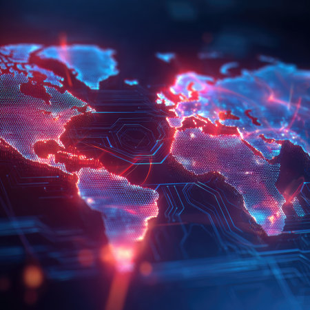 This image presents an abstract digital world map with vibrant red and blue hues. The map's design features intricate circuit board patterns, suggesting technological networks. It showcases a modern, futuristic style, potentially suitable for commercial applications related to technology or global themes. The overall aesthetic implies a digital setting, possibly indicating data flow.の素材