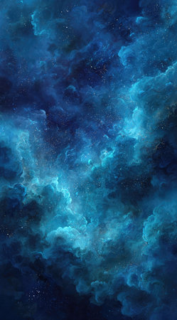 An abstract artwork displays a celestial cloud structure. Dominant hues are blues and cyan, creating a nebula-like appearance. The texture appears soft and luminous. Composition features swirling formations. This image may be suitable for backgrounds, digital art, or conceptual illustrations in various media applications.の素材