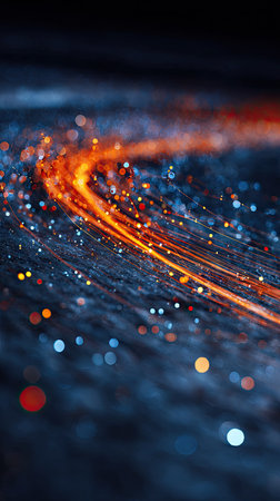 An abstract image showcases glowing orange light trails with bokeh accents against a deep blue background. The composition employs a dynamic perspective, emphasizing the movement and visual depth. This image can serve various applications from design elements to promotional materials for technology and digital themes.の素材
