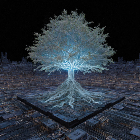 An artistic representation features a tree with luminous blue branches and roots, centered on a geometric platform. The composition displays a dark background with computer-like structures, and the style is conceptual. This image could be used for illustrations, advertisements, and various design projects.の素材