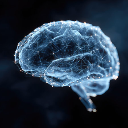 An illustrated human brain is presented against a dark backdrop. The image features a network of interconnected points, suggesting neural pathways. The color palette primarily uses blue tones with highlights, and the composition is a close-up that could be used for scientific, educational, or conceptual purposes.の素材