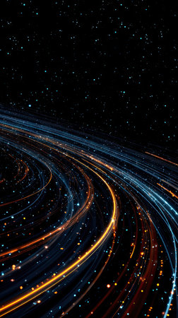 This image presents abstract light trails curving across a dark space. The composition features vibrant neon colors, with streaks of blue and gold. The style appears futuristic. The image could be used in various commercial projects, such as websites or promotional materials.の素材