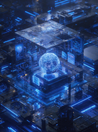 An artistic digital representation depicts a glowing sphere within a transparent cube. The image showcases a complex network of interconnected circuits and glowing blue lines, employing a futuristic aesthetic. This visual composition could be suitable for various applications, including tech-related presentations, design projects, and advertising campaigns.の素材